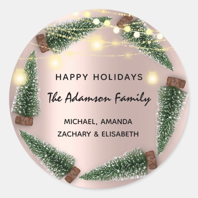 Pegatina Redonda Feliz feriado Feliz Rosa de nombre de árbol de nav (Anverso)