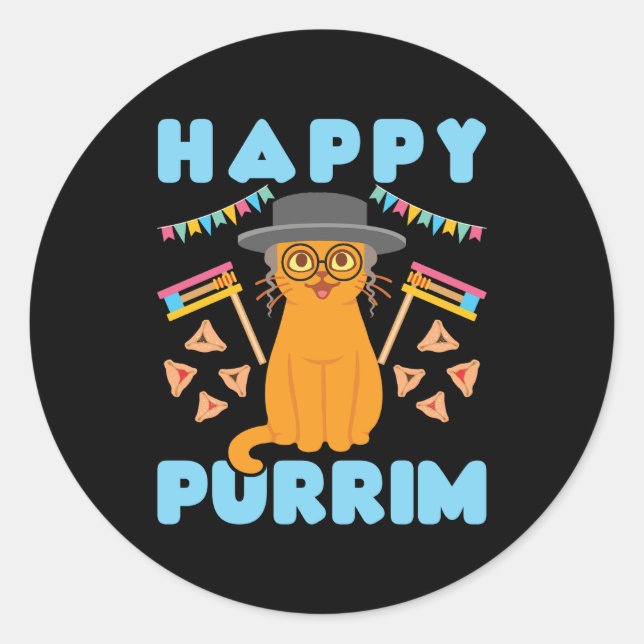Pegatina Redonda Feliz feriado judío de Purrim Purim Cat (Anverso)