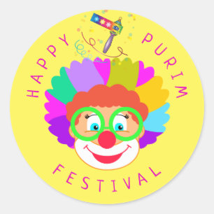 Pegatina Redonda Feliz Festival de Purim Funny Fiesta de Payasos