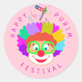 Pegatina Redonda Feliz Festival de Purim Funny Fiesta de Payasos