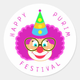 Pegatina Redonda Feliz Festival de Purim Funny Fiesta de Payasos