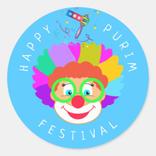 Pegatina Redonda Feliz Festival de Purim Funny Fiesta de Payasos