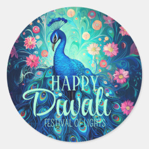 Pegatina Redonda Feliz Festival Diwali de Luces Peacock