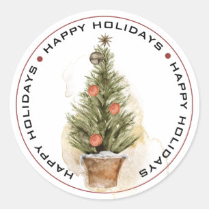 PEGATINA REDONDA FELIZ FESTIVIDAD, ANTIGUO ÁRBOL DE NAVIDAD DE MODA