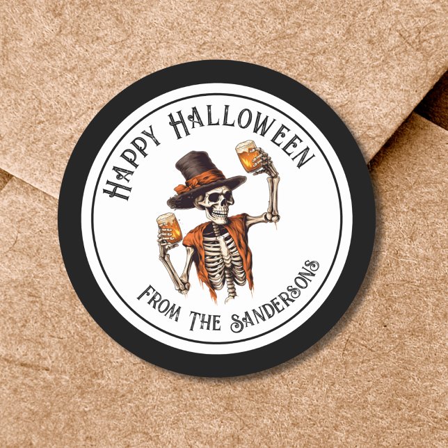 Pegatina Redonda Feliz Fiesta de Halloween (Skeleton Happy Halloween Classic Round Sticker)