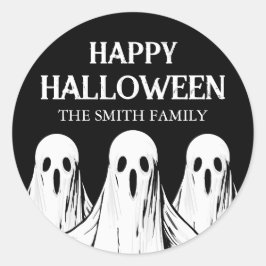 Pegatina Redonda Feliz Fiesta de Halloween fantasma blanco y negro