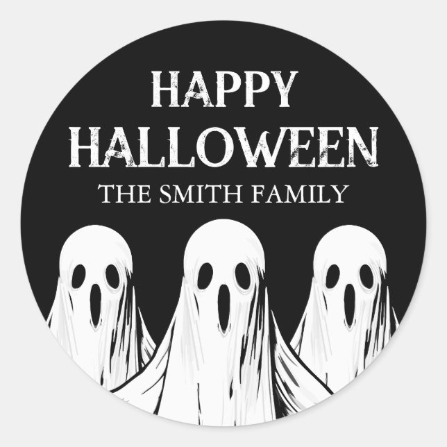 Pegatina Redonda Feliz Fiesta de Halloween fantasma blanco y negro (Anverso)