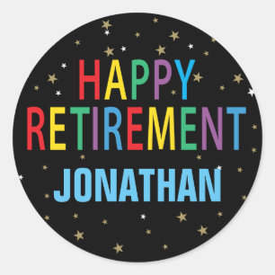 Pegatina Redonda Feliz Fiesta de Jubilación colorido con nombre