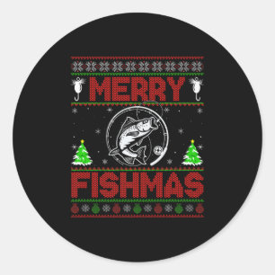 Pegatina Redonda Feliz Fishmas B Pesca de Navidad Suéter Feo