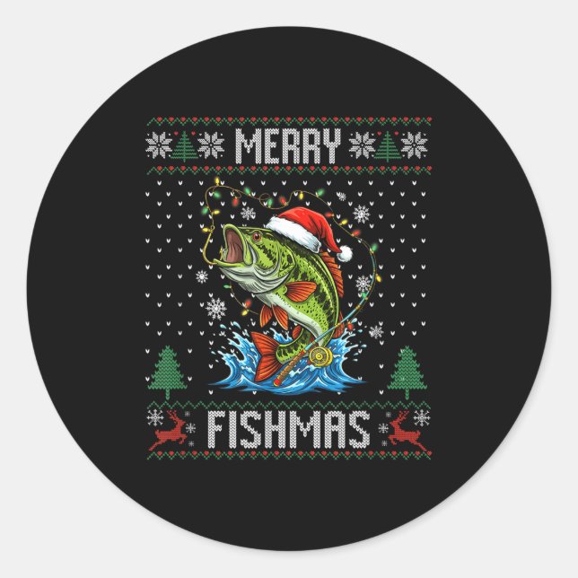 Pegatina Redonda Feliz Fishmas B Pesca de Navidad Suéter Feo (Anverso)