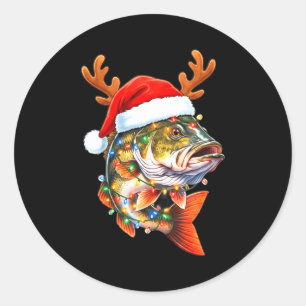 Pegatina Redonda Feliz Fishmas divertido B Pesca Navidad Sombrero d