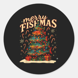 Pegatina Redonda Feliz Fishmas Divertido Diseño de Navidad de Pesca