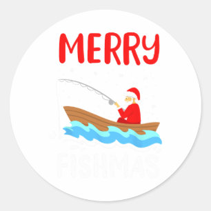Pegatina Redonda Feliz Fishmas Divertido Navidad Santa Claus Pesca