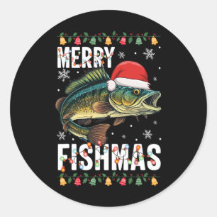 Pegatina Redonda Feliz Fishmas divertido pijama de Navidad de pesca