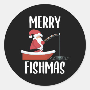 Pegatina Redonda Feliz Fishmas Divertido Santa Pescando Pescador Cr