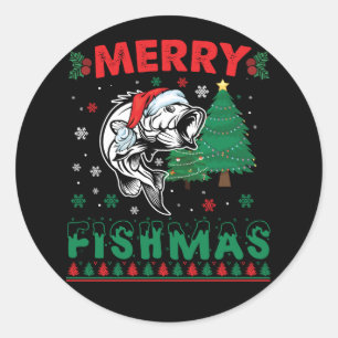 Pegatina Redonda Feliz Fishmas Pescado Pescando Papá Pescador Navid