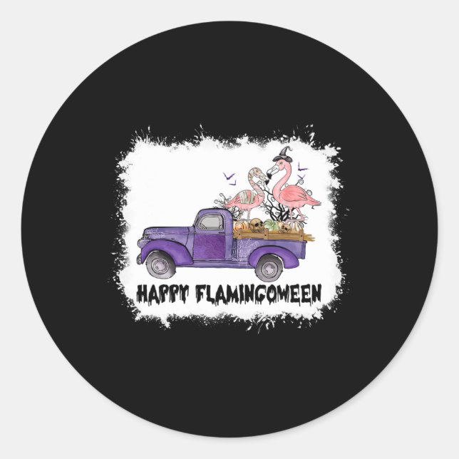 Pegatina Redonda Feliz Flamingoween Pink Flamingo Halloween Skeleto (Anverso)