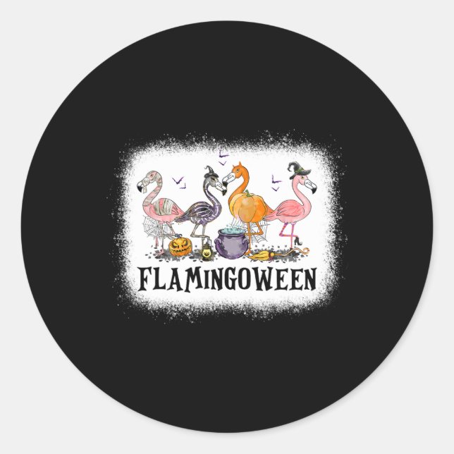 Pegatina Redonda Feliz Flamingoween Pink Flamingo Halloween Skeleto (Anverso)