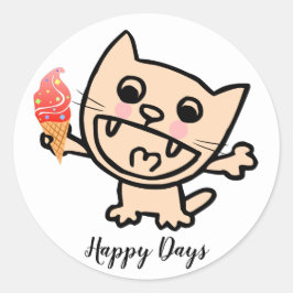 Pegatina Redonda Feliz Gato Con Helado