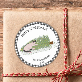 Pegatina Redonda Feliz Gato de Navidad Negro y Blanco Gingham