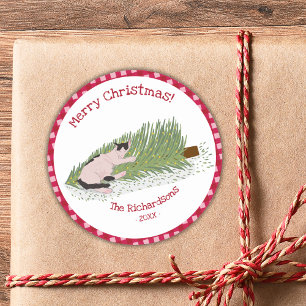 Pegatina Redonda Feliz Gato de Navidad vs Árbol Red Gingham