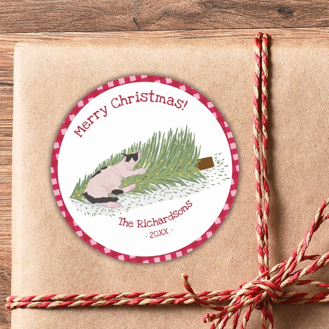 Pegatina Redonda Feliz Gato de Navidad vs Árbol Red Gingham (Subido por el creador)