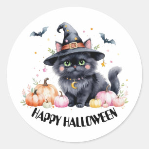 Pegatina Redonda Feliz Gato Negro de Halloween