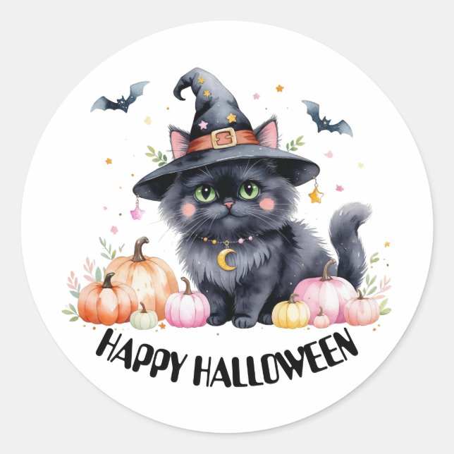 Pegatina Redonda Feliz Gato Negro de Halloween (Anverso)