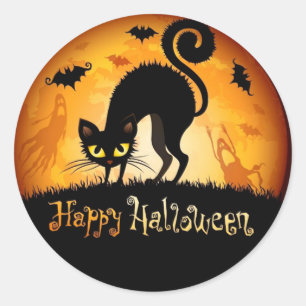 Pegatina Redonda Feliz Gato Negro de Halloween