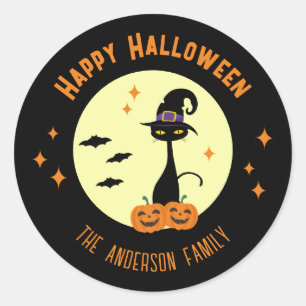 Pegatina Redonda Feliz Gato Negro de Halloween personalizado