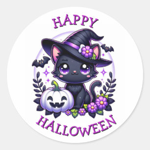 Pegatina Redonda Feliz Gato Negro de Halloween y Calabaza