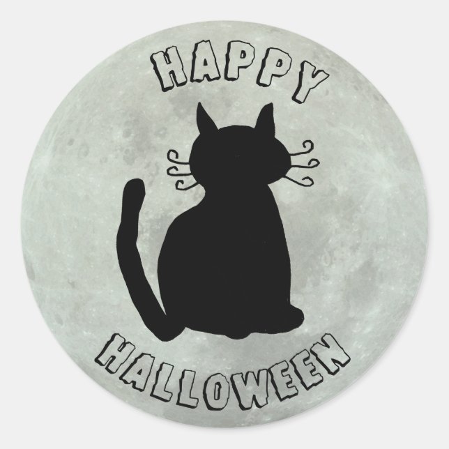 Pegatina Redonda Feliz gato negro de Halloween y luna llena (Anverso)