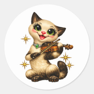Pegatina Redonda Feliz gato siamés tocando el violín retro mediados