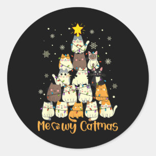 Pegatina Redonda Feliz Gatomidad Gato Árbol de Navidad Xmas Chicas 