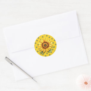 Pegatina Redonda Feliz girasol amarillo y verde al polka-dot