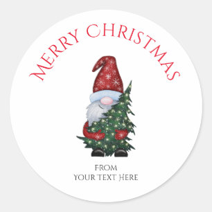 Pegatina Redonda Feliz Gnome de Navidad con árbol de Navidad Purpur