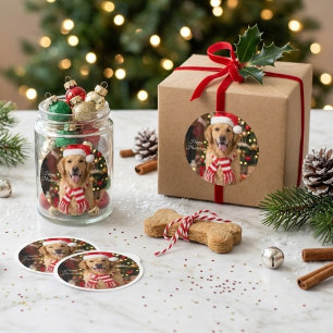 Pegatina Redonda Feliz Golden Retriever Lindo Perro De Navidad
