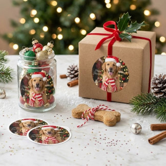 Pegatina Redonda Feliz Golden Retriever Lindo Perro De Navidad