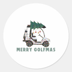 Pegatina Redonda Feliz Golfmas Carrito de Golf Luces de Navidad Gol