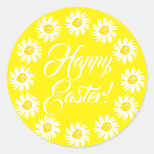 Pegatina Redonda Feliz Guión amarillo de Pascua lindo daisy alegre