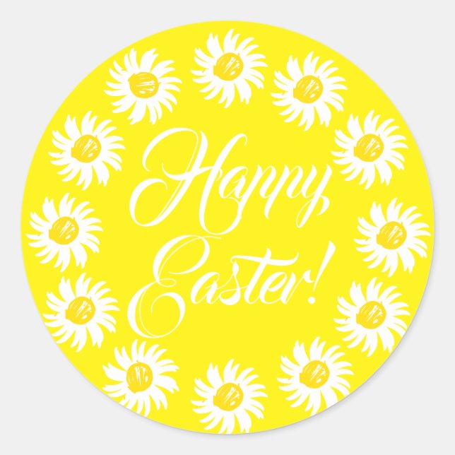 Pegatina Redonda Feliz Guión amarillo de Pascua lindo daisy alegre (Anverso)