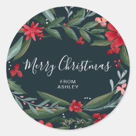 Pegatina Redonda Feliz guión navideño invierno rojo floral verde