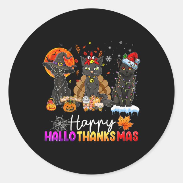Pegatina Redonda Feliz Hallothanksmas Black Cat Halloween Thanksgiv (Anverso)