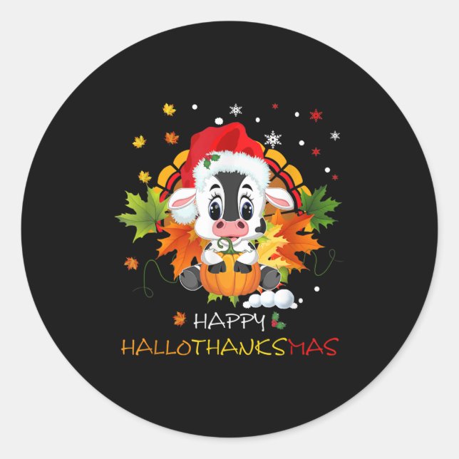 Pegatina Redonda Feliz Hallothanksmas Calabaza Turquía vaca dulce (Anverso)