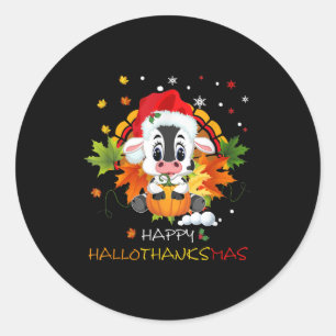 Pegatina Redonda Feliz Hallothanksmas Calabaza Turquía vaca dulce