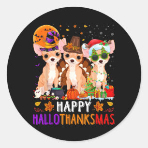 Pegatina Redonda Feliz Hallothanksmas Chihuahua Perro Halloween