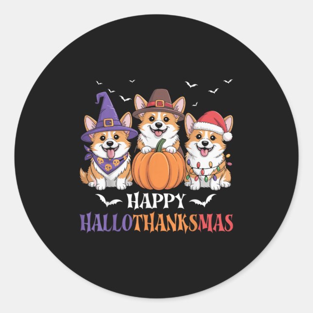 Pegatina Redonda Feliz Hallothanksmas Corgi Perros Halloween Navida (Anverso)