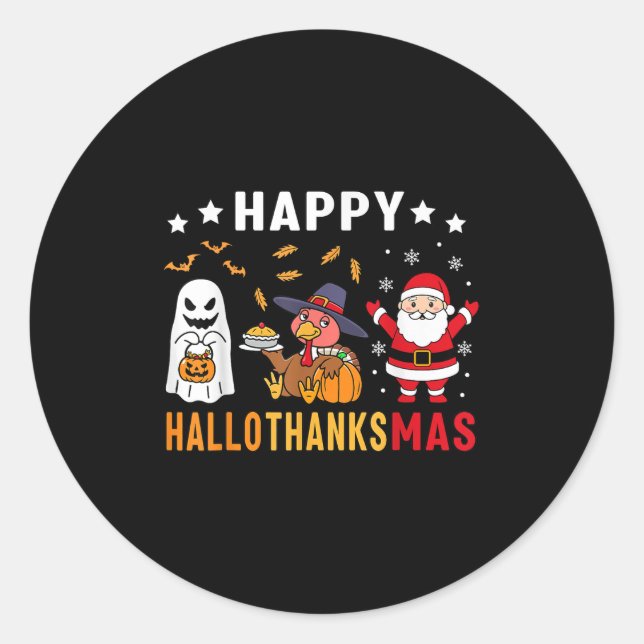 Pegatina Redonda Feliz Hallothanksmas Fantasma Turquía Calabaza Nav (Anverso)