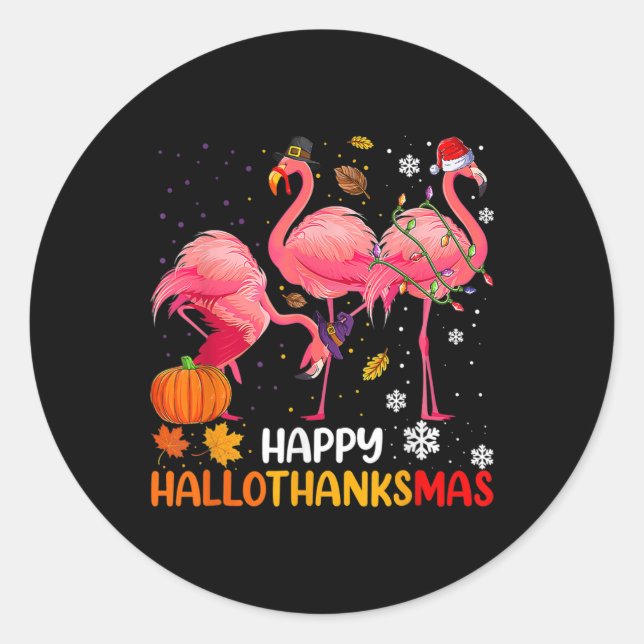 Pegatina Redonda Feliz Hallothanksmas Flamingo (Anverso)