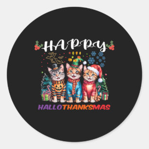Pegatina Redonda Feliz Hallothanksmas gatos Halloween Día de Acción
